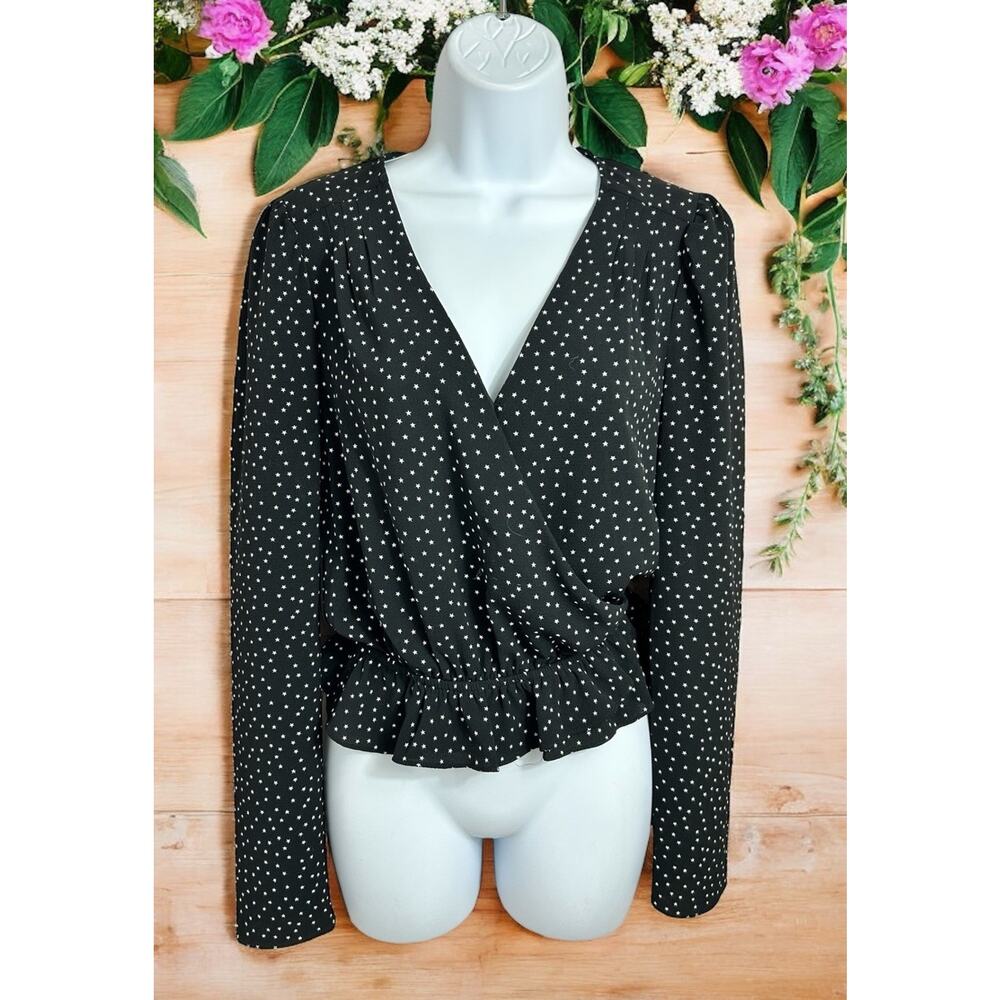 Highline Collective Black V-Neck Blouse Sz Small Star Print Long-Sleeve Top